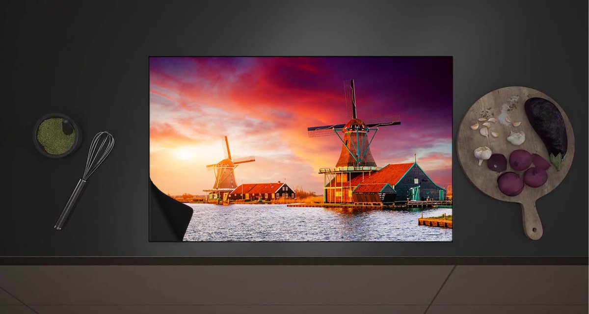 Inductieplaat Beschermer - Nederlandse Windmolens aan het Water onder Paars met Oranje Lucht - 80x52 cm - 2 mm Dik - Inductie Beschermer met zwarte kern