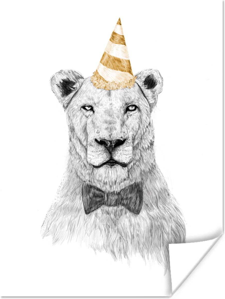 Poster Leeuw - Strik - Feest - Hoed - 90x120 cm