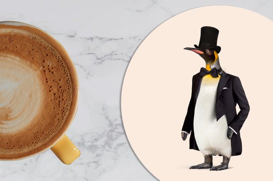 Sous-verres pour verres - Rond - Pingouin - Animal - Chapeau - Zwart - 10x10 cm - Sous-verres en verre - 6 pièces