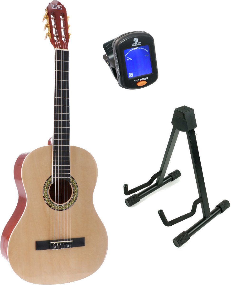 LaPaz 002 NT klassieke gitaar 4/4-formaat naturel + statief + tuner
