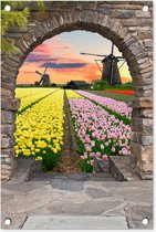Tuinposter - Doorkijk - Tulpen - Molen - Nederland - Doorkijkje - Zonsondergang - 40x60 cm - Schuttingdoek - Tuindecoratie - Tuindoek - Buitenposter