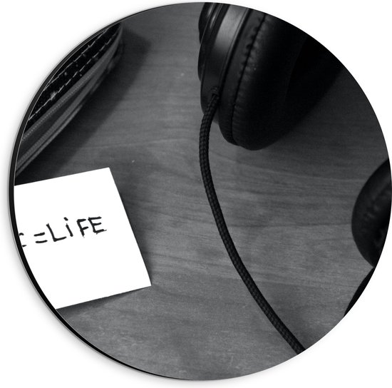 Dibond Muurcirkel - Koptelefoon met Aantekening ''Music = Life'' (Zwart- wit) - 20x20 cm Foto op Aluminium Muurcirkel (met ophangsysteem)