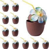 The Twiddlers – 12 Plastic Kokosbekers met Rietjes & Bloemen – Herbruikbaar – Voor Verjaardagen, Themafeesten, Tuin, Zwembad & Strand