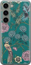 Hoesje geschikt voor Samsung Galaxy S23 - Vogels Japanse bloemen - Soft Case - TPU - Bloemen - Groen - Mooie Telefoonhoesjes