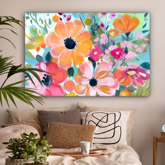 MuchoWow© Canvas Schilderij 120x80 cm Kamer Muur Decoratie Woonkamer Slaapkamer Room Decor Wall Decoration Art Painting Bloemen - Kleurrijk - Olieverf - Bloempot