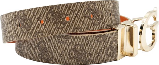 Bruine Guess riem met logoprint en oranje binnenzijde, met gouden gesp.