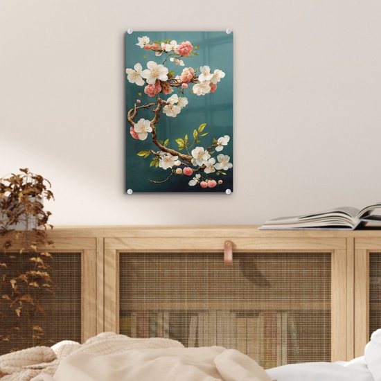 MuchoWow® Tableau sur verre 20x30 cm - Tableau sur verre acrylique - Fleurs - Fleur - Cerises - Branche - Wit - Photo sur verre - Décoration murale salon - Décoration murale chambre - Peintures