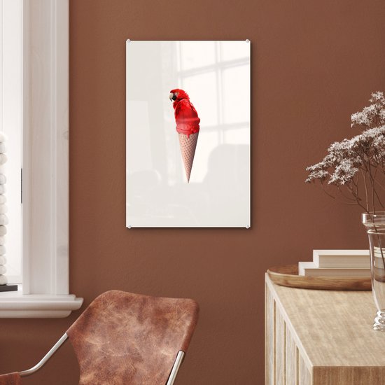 MuchoWow® Peinture sur verre 40x60 cm - Peinture sur verre acrylique - Glace - Perroquet - Rouge - Cornets de glace - Wit - Photo sur verre - Peintures