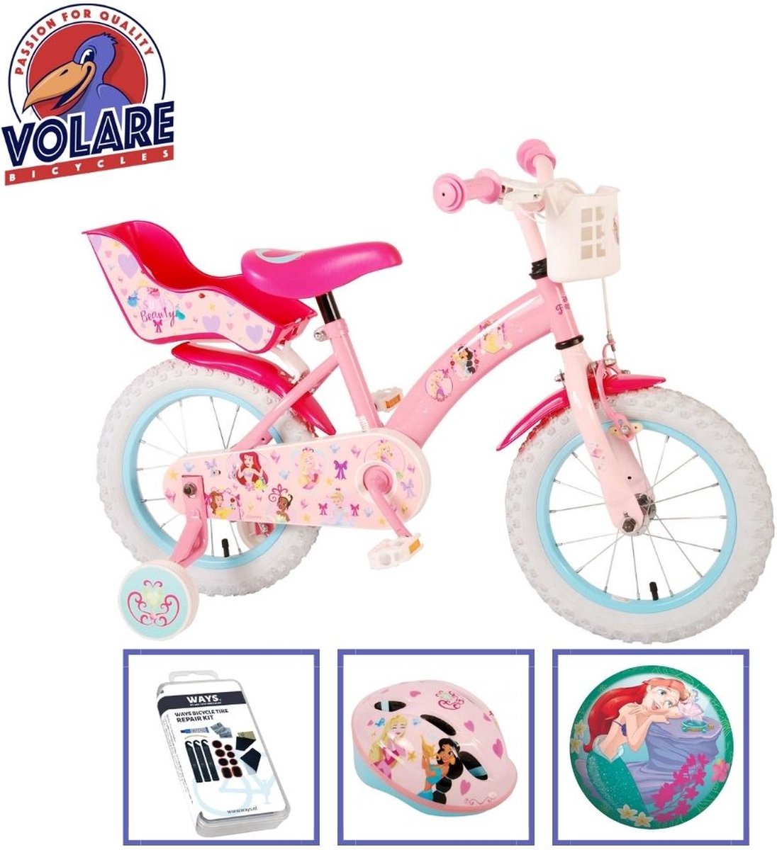 Volare Kinderfiets Disney Princess - 14 inch - Roze - Met fietshelm en accessoires