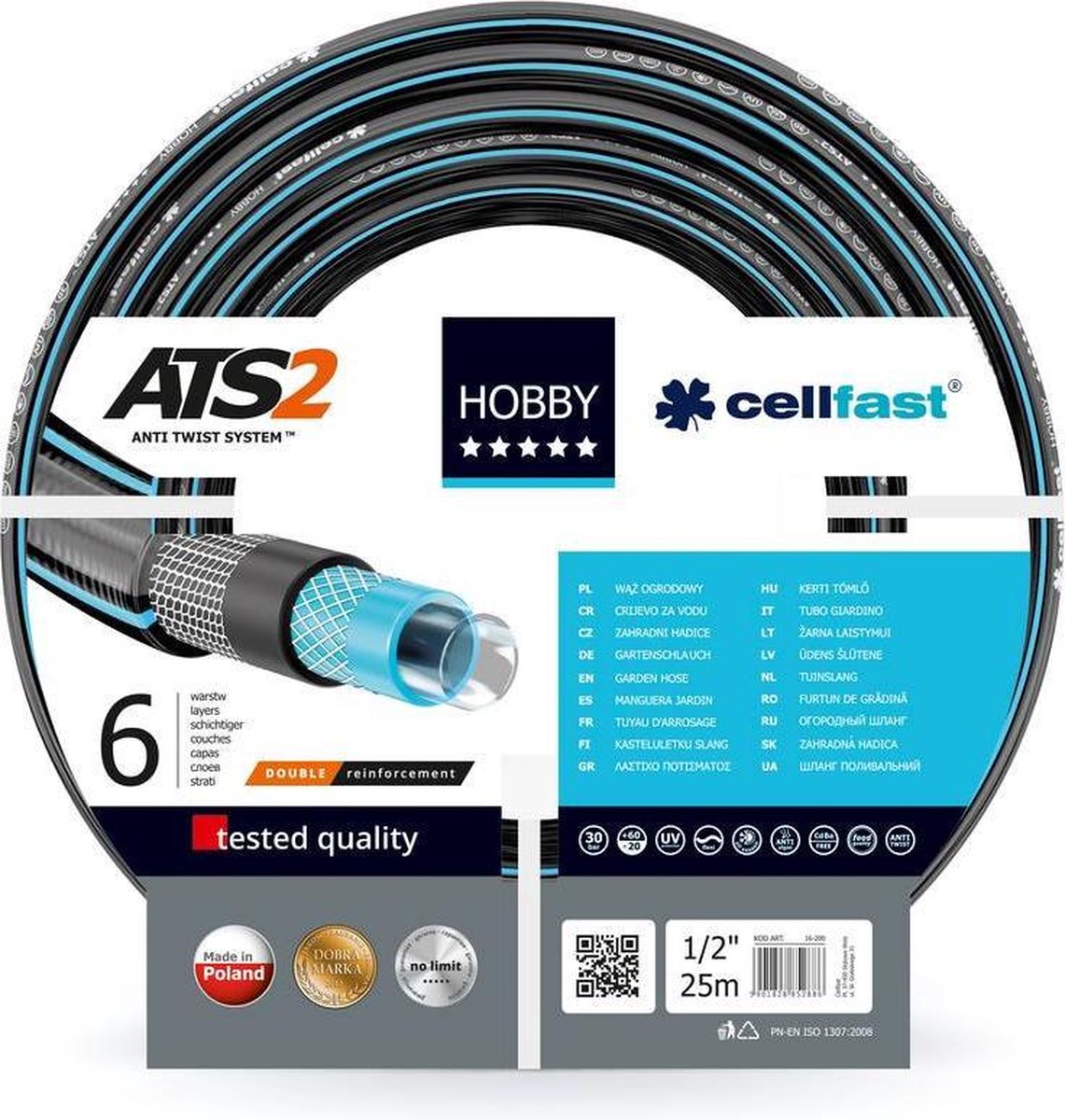 Cellfast HOBBY ATS2 tuinslang, robuust, 6-laags, UV-bestendig, dubbel tricot gekruist gevlochten ATS2, 30 bar, 3/4", 50m, 16-221, Zwart