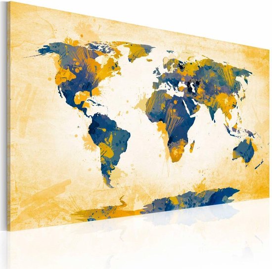 Schilderij - Wereldkaart - Wereld in Geel en , wanddecoratie , premium print op... |