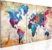 Schilderij - Wereldkaart ,  Gekleurde Wereld  II, 5 luik
