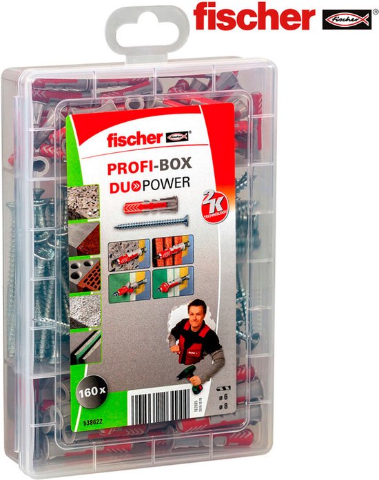 Fischer Profi-Box DuoPower assortimentsdoos met pluggen en schroeven, met afbeelding van een man met boor.
