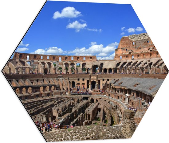 Dibond Hexagon - Binnenkant van het Colesseum in Rome, Italië - 60x52.2 cm Foto op Hexagon (Met Ophangsysteem)