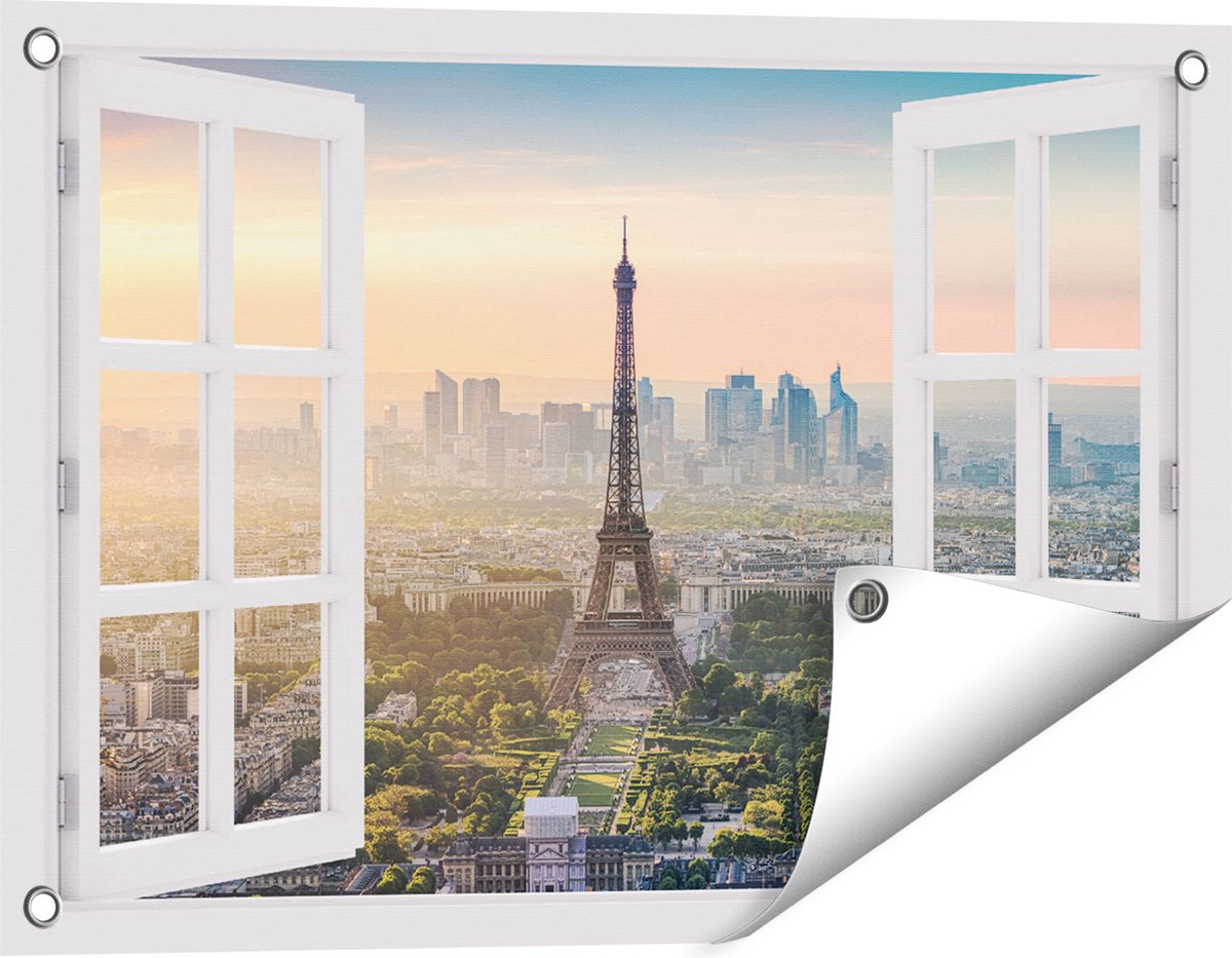 Gards Tuinposter Doorkijk Skyline van Parijs met de Eiffeltoren - 60x40 cm - Tuindoek - Tuindecoratie - Wanddecoratie buiten - Tuinschilderij wit