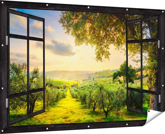 Gars Affiche de jardin Ajourée Oliviers - Oliveraie - 180x120 cm - Toile jardin - Décoration de jardin - Décoration murale extérieur - Tableau jardin