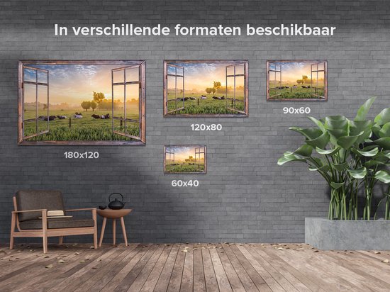 Gards Tuinposter Doorkijk Koeien in de Wei tijdens Zonsopgang - 120x80 cm - Tuindoek - Tuindecoratie - Wanddecoratie buiten - Tuinschilderij