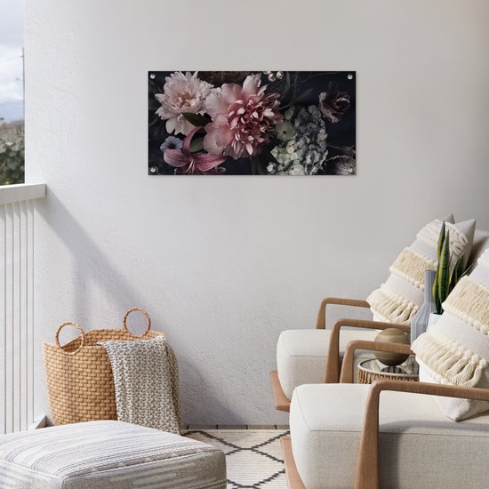 Affiche de jardin Fleurs - Vintage - Pastel - Rose - Wit - 80x40 cm - Décoration murale extérieure - Affiche de jardin - Toile de jardin - Affiche clôture - Peinture de jardin