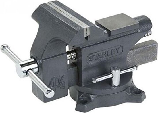 Kleine Stanley bankschroef, donkergrijs, met zilverkleurige handgreep.
