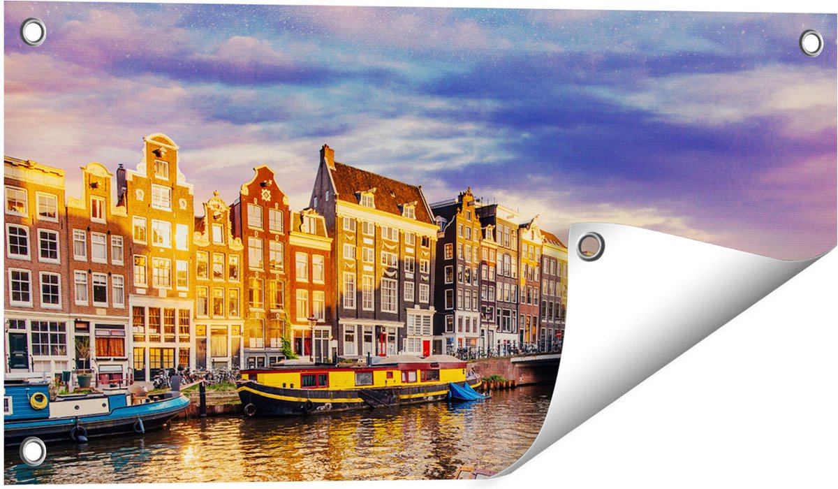Gards Tuinposter Amsterdamse Gracht in de Nacht met Sterren - 60x30 cm - Tuindoek - Tuindecoratie - Wanddecoratie buiten - Tuinschilderij Multikleur