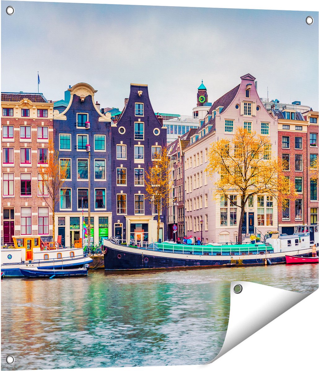 Gards Tuinposter Amsterdamse Huisjes vanaf de Gracht - 70x70 cm - Tuindoek - Tuindecoratie - Wanddecoratie buiten - Tuinschilderij Multikleur