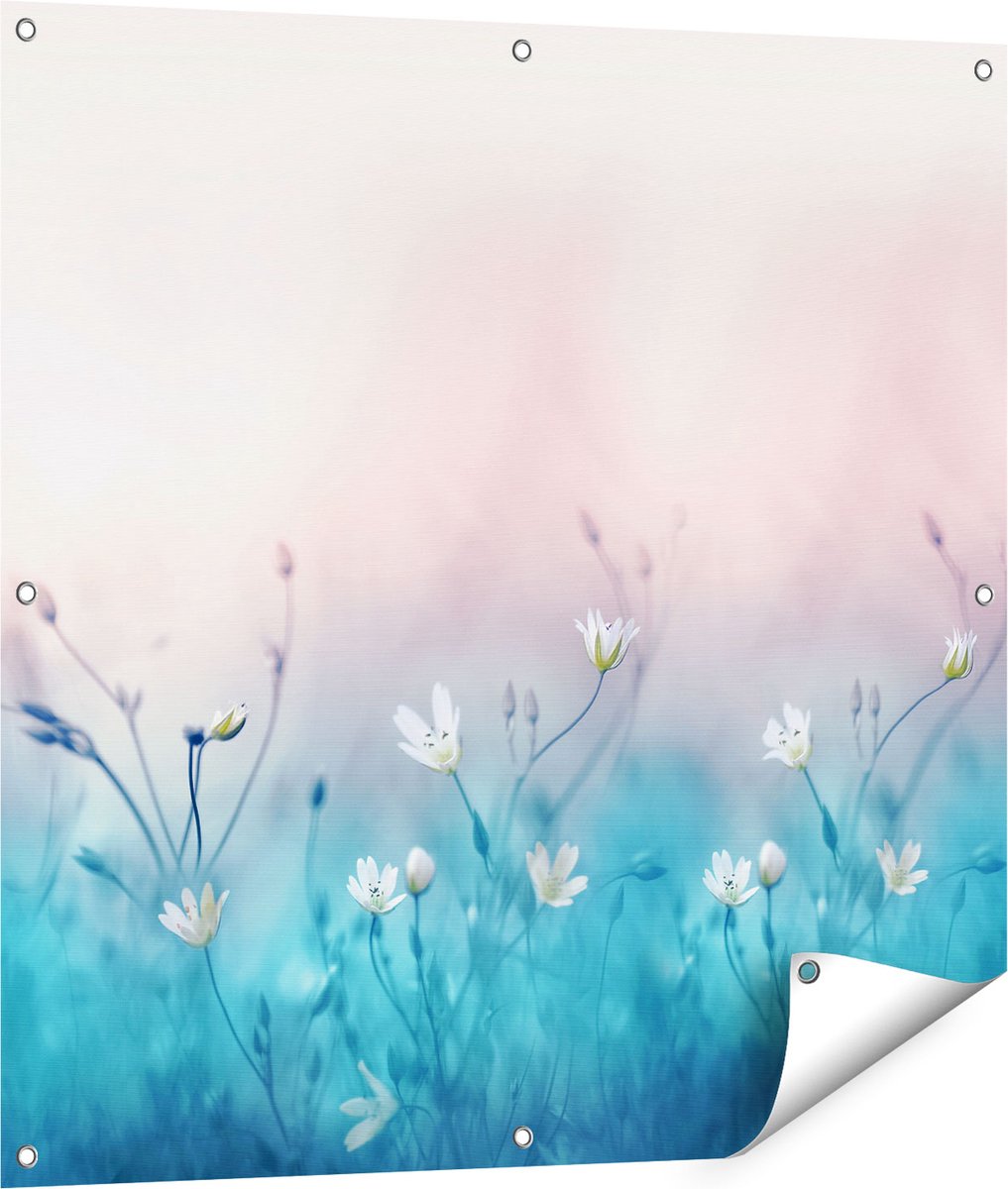 Gards Tuinposter Witte Bloemen op een Blauw Achtergrond - 90x90 cm - Tuindoek - Tuindecoratie - Wanddecoratie buiten - Tuinschilderij Multikleur