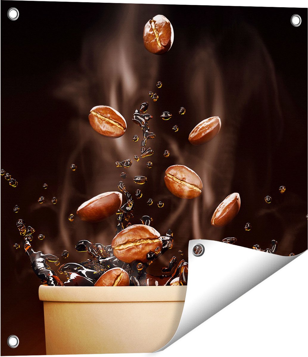 Gards Tuinposter Koffie Beker met Koffiebonen Erin - 50x50 cm - Tuindoek - Tuindecoratie - Wanddecoratie buiten - Tuinschilderij Multikleur