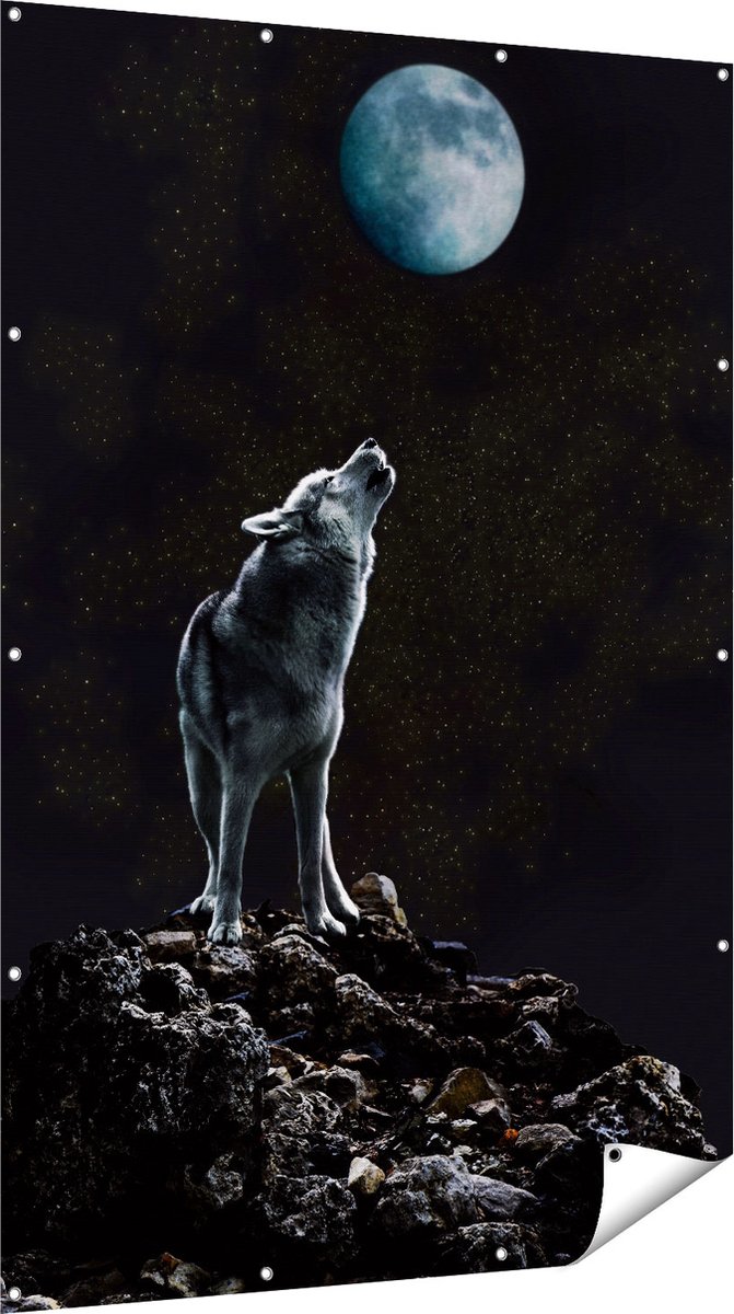 Gards Tuinposter Wolf Huilt naar de Volle Maan - 120x180 cm - Tuindoek - Tuindecoratie - Wanddecoratie buiten - Tuinschilderij Multikleur