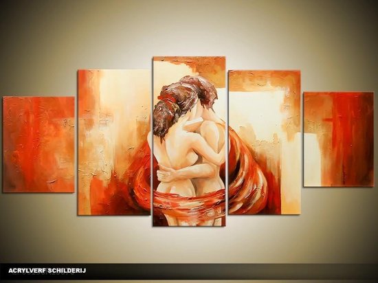 Schilderij -  Sexy - Naakte Vrouw - Oranje, Crème - 150x70cm 5Luik - GroepArt - Handgeschilderd Schilderij - Canvas Schilderij - Wanddecoratie - Woonkamer - Slaapkamer - Geschilderd Door Onze Kunstenaars 2000+Collectie Maatwerk Mogelijk