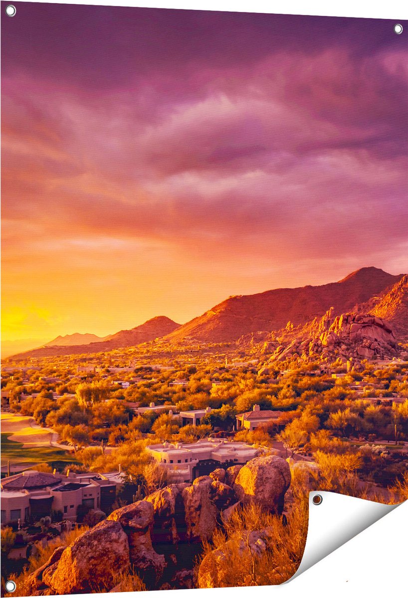 Gards Tuinposter Woestijn Landschap met Zonsondergang - 80x100 cm - Tuindoek - Tuindecoratie - Wanddecoratie buiten - Tuinschilderij Multikleur