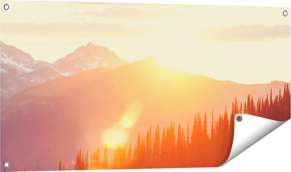 Gards Tuinposter Zonsondergang in het Bos - 100x50 cm - Tuindoek - Tuindecoratie - Wanddecoratie buiten - Tuinschilderij Multikleur