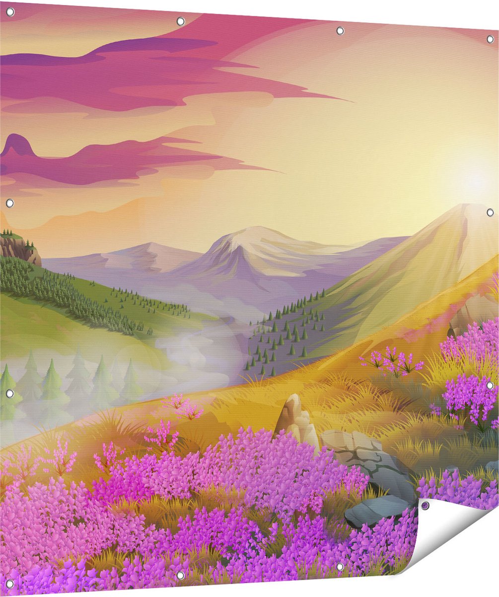 Gards Tuinposter Lavendel Bloemen in de Bergen - Abstract - 120x120 cm - Tuindoek - Tuindecoratie - Wanddecoratie buiten - Tuinschilderij Multikleur
