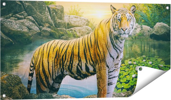 Gards Tuinposter Luipaard in een Vijver bij Zonsondergang - 100x50 cm - Tuindoek - Tuindecoratie - Wanddecoratie buiten - Tuinschilderij