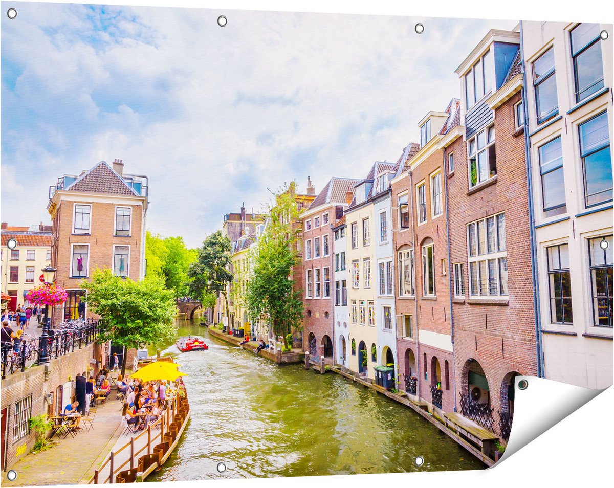Gards Tuinposter Huizen aan de Oudegracht in Utrecht - 120x80 cm - Tuindoek - Tuindecoratie - Wanddecoratie buiten - Tuinschilderij Multikleur