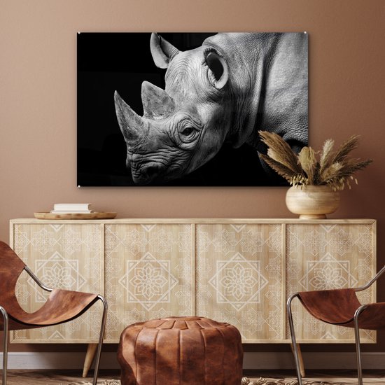 MuchoWow - Peinture sur verre - Photo sur verre - Peinture sur verre - Verre acrylique - Animaux - Rhinocéros - Zwart - Wit - Décoration murale - 90x60 cm - Salon - Décoration murale animaux - Décoration maison