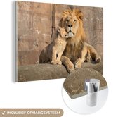 MuchoWow® Glasschilderij 180x120 cm - Schilderij acrylglas - Leeuwen - Stenen - Portret - Foto op glas - Schilderijen