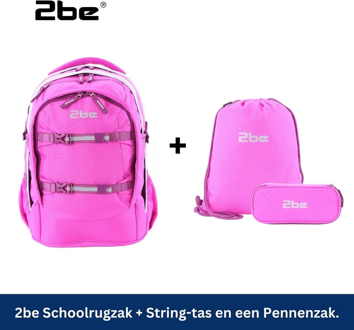2be Schoolrugzak met 15 inch Laptopvak | turnzak en pennenzak – Fuchsia - Fuchsia