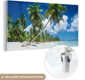 MuchoWow® Glasschilderij 40x20 cm - Schilderij acrylglas - Strand - Palmboom - Tropisch - Foto op glas - Schilderijen