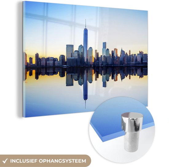 MuchoWow® Glasschilderij 150x100 cm - Schilderij acrylglas - Skyline - New York - Water - Foto op glas - Schilderijen