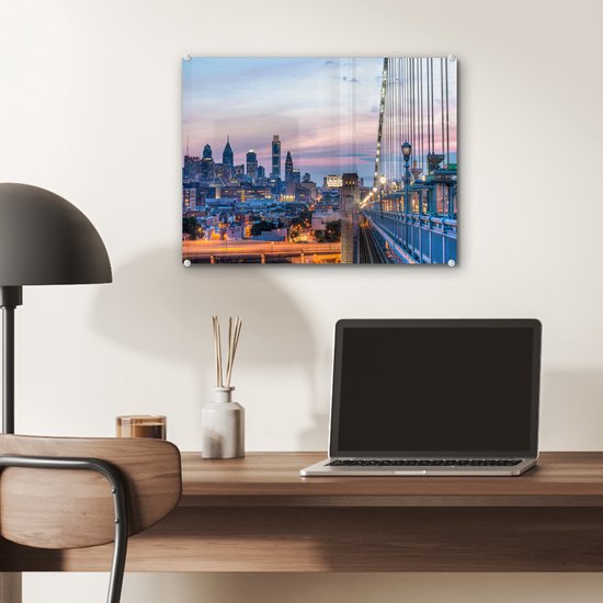 Le coucher de soleil de Philadelphie aux Etats-Unis vu du pont Benjamin Franklin Plexiglas 40x30 cm - petit - Tirage photo sur Glas (décoration murale en plexiglas)