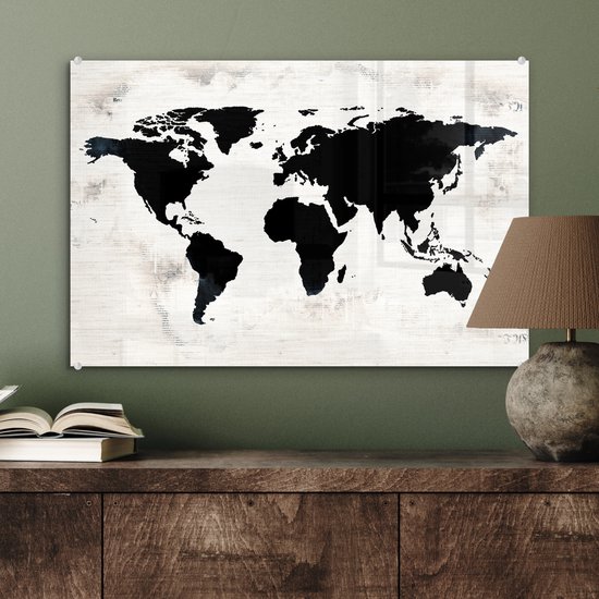 Peinture sur Verre - Carte du Wereldkaart - Zwart - Bois - 60x40 cm - Peintures sur Verre Peintures - Photo sur Glas