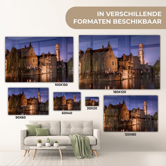 ® Glasschilderij 180x120 cm - Schilderij acrylglas - De Rozenhoedkaai en de Belfort van Brugge in de avond - Foto op glas - Muurdecoratie woonkamer - Wanddecoratie slaapkamer - Schilderijen