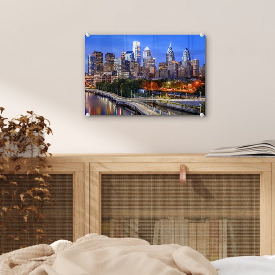 Les immenses gratte-ciel avec un beau ciel bleu en Plexiglas de Philadelphie 30x20 cm - petit - Tirage photo sur Glas (décoration murale en plexiglas)