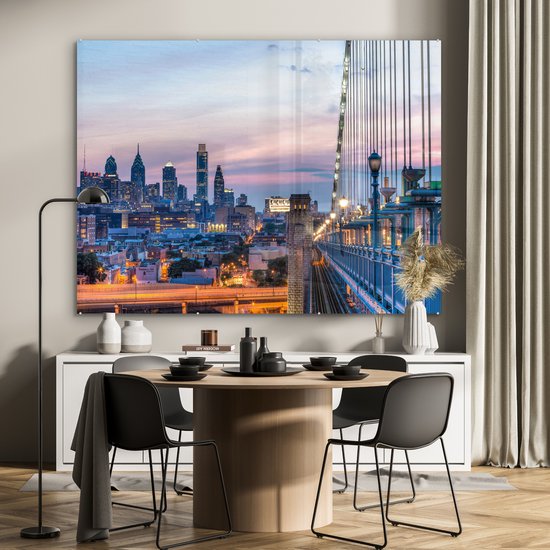 Coucher de soleil de Philadelphie aux Etats-Unis vu du pont Benjamin Franklin Plexiglas 160x120 cm - Tirage photo sur Glas (décoration murale plexiglas) XXL / Groot format!