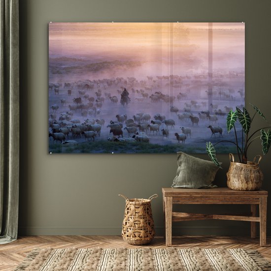Peinture sur verre - Herder sur un chevalet entre troupeau de moutons dans le brouillard - 180x120 cm - Peintures sur Verre Peintures - Photo sur Glas