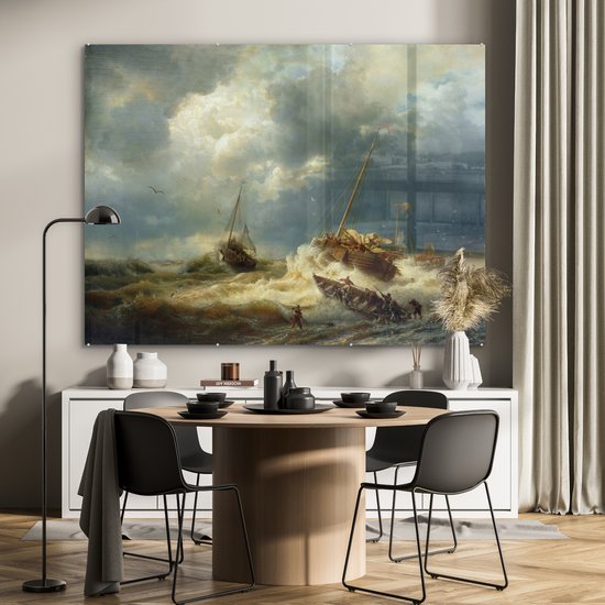 Peinture sur verre - Navires dans une tempête sur la côte néerlandaise - peinture d'Andreas Achenbach - 160x120 cm - Peintures sur verre acrylique - Photo sur Glas