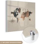 MuchoWow® Glasschilderij 90x90 cm - Schilderij acrylglas - Wereldkaart - Hout - Kompas - Foto op glas - Schilderijen
