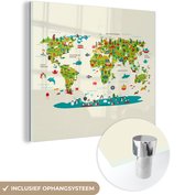 MuchoWow® Glasschilderij 90x90 cm - Schilderij acrylglas - Wereldkaart Kinderen - Kleuren - Atlas - Foto op glas - Schilderijen