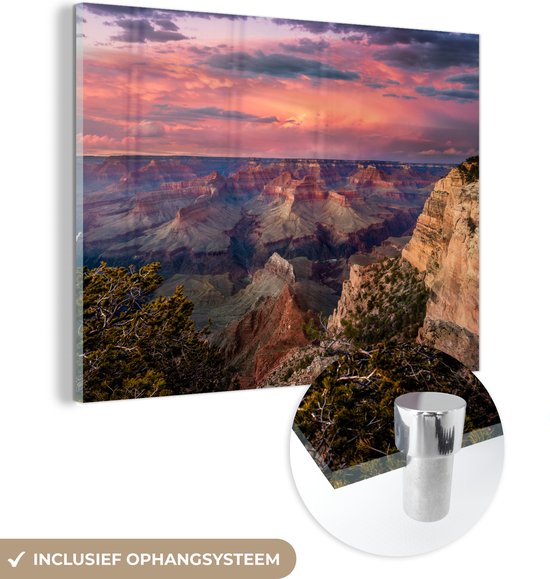 MuchoWow® Glasschilderij 40x30 cm - Schilderij acrylglas - Zonsondergang bij Grand Canyon - Foto op glas - Schilderijen