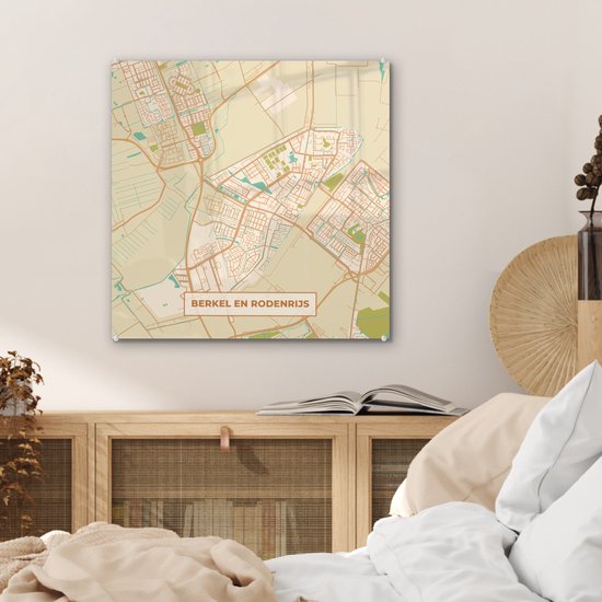 Peinture sur Verre - Carte de la Ville - Berkel en Rodenrijs - Vintage - 50x50 cm - Peintures sur Verre Peintures - Photo sur Glas